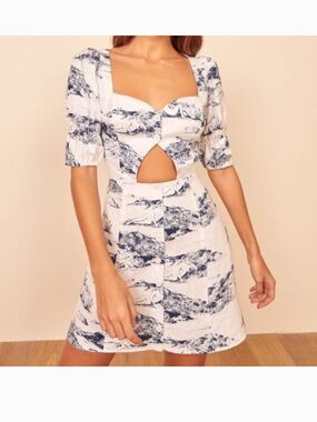 Reformation Toile Linen Cutout Mini Dress size 2 Cottagecore Coastal French Girl